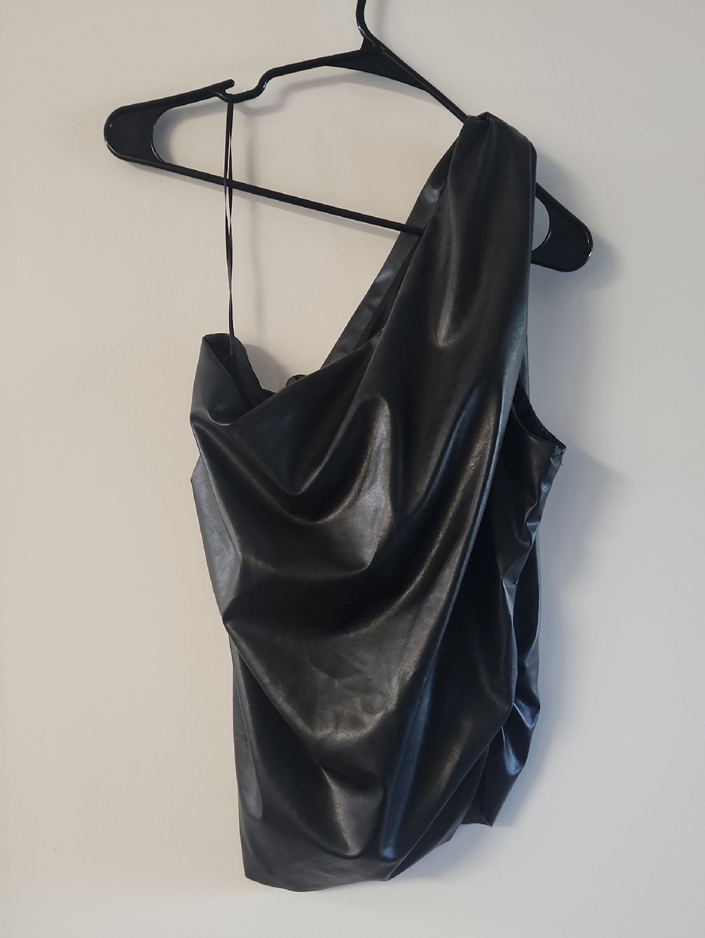 Black One-Shoulder Faux Leather Top
